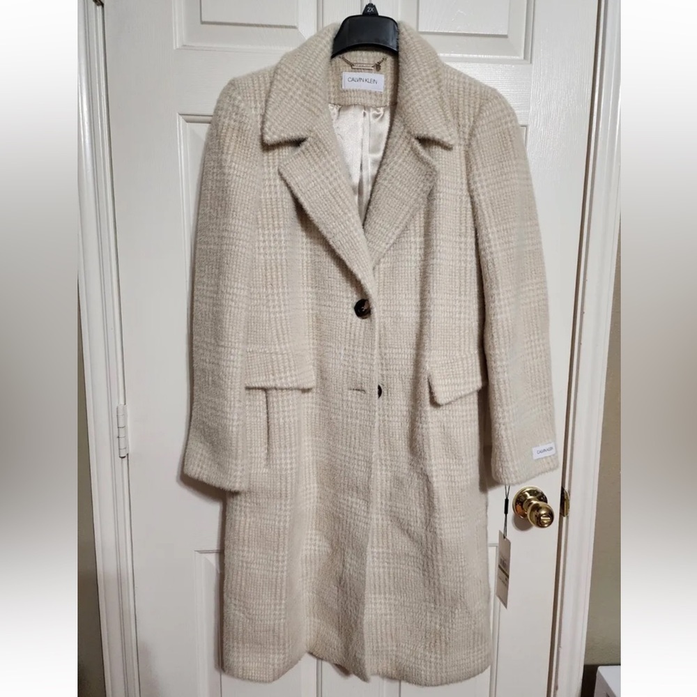 New Calvin Klein Plaid Notch Lapel Button Front Single Breasted Coat SIZE 14